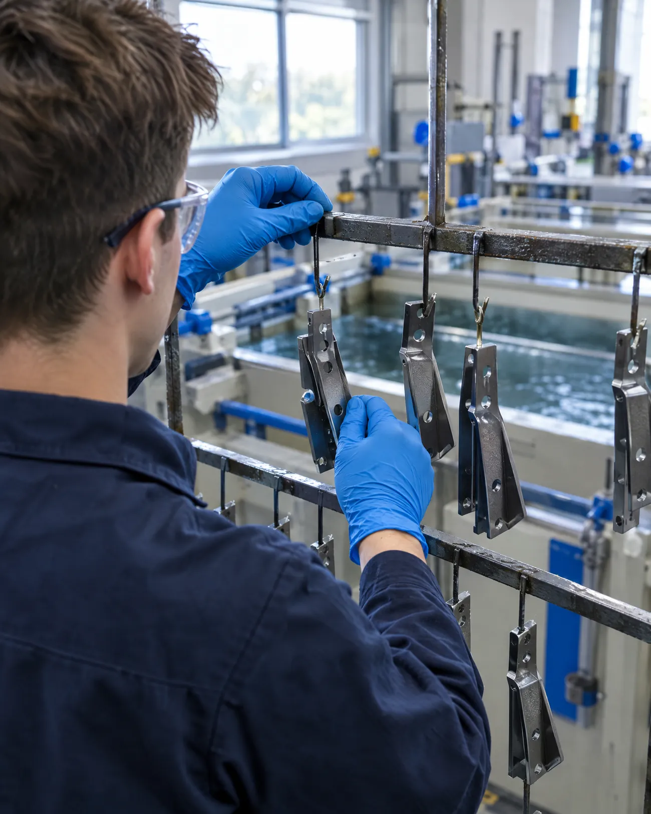 Auszubildender in Arbeitskleidung mit Handschuhen und Schutzbrille hängt Stahlteile an ein Gestell