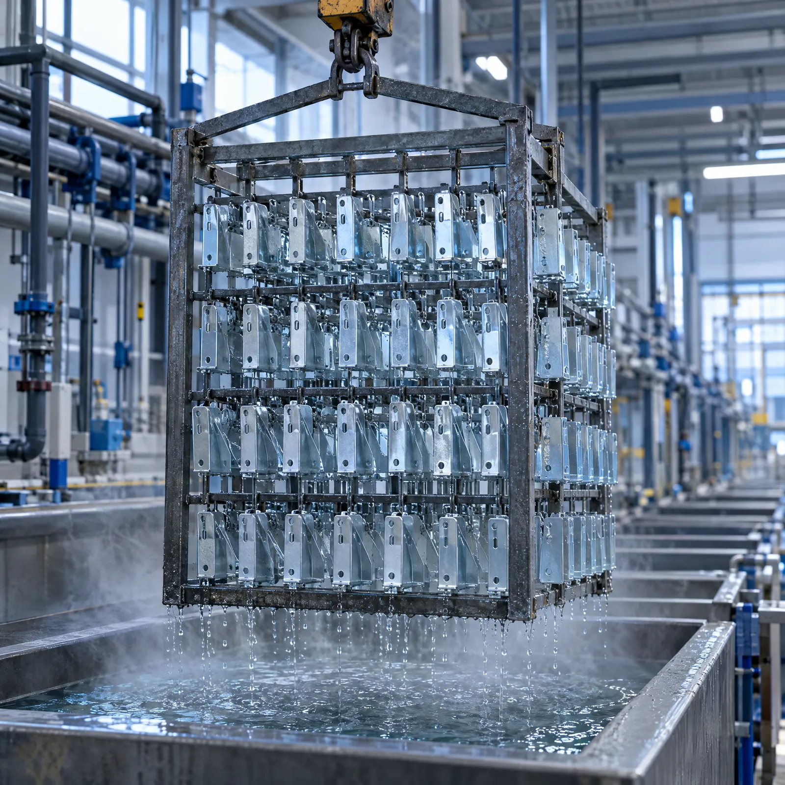 Ein Gestell mit verzinkten Stahlteilen wird aus dem Becken einer Galvanik gehoben