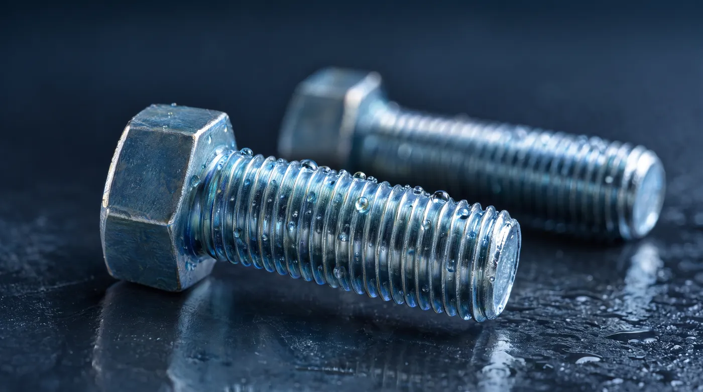 Zwei verzinkte Sechskantschrauben mit Wassertropfen